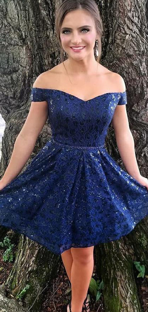 Off Shoulder Royal Blue Sequin Lace ...